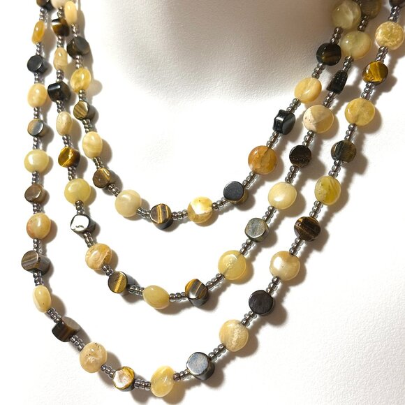 Tiger's Eye & Yellow Opal 3 Layer Statement Necklace w/ Natural Gemstones - Picture 1 of 12